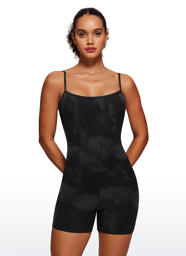 CRZ YOGA Women's Yoga Tight Fit Romper Shorts Bodysuit Jumpsuits Black Tie Dye Flowers