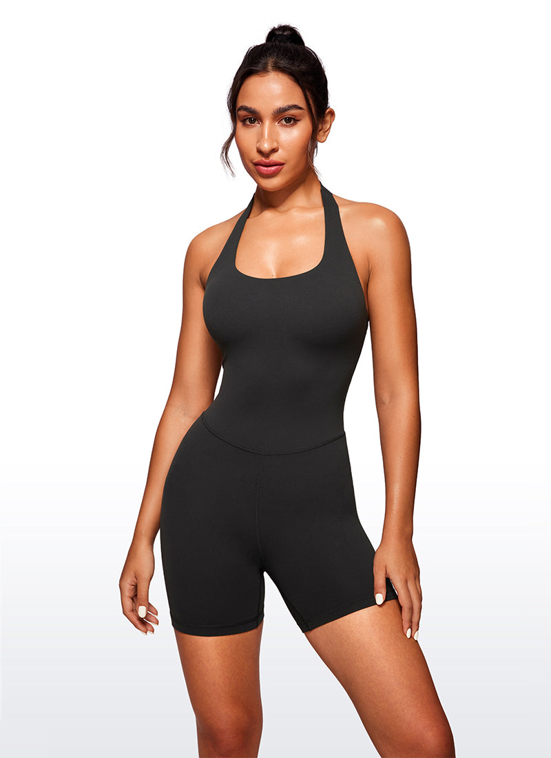 CRZ YOGA Women's Yoga Halter Backless Athletic Romper Shorts Bodysuit Black