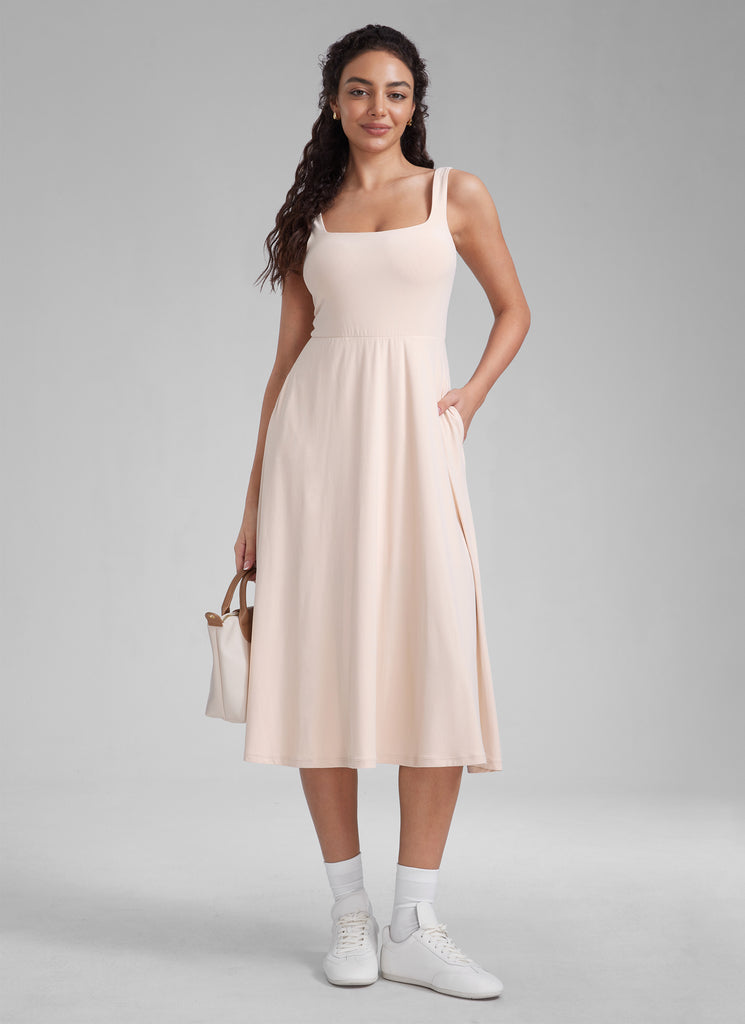 CRZ YOGA Womens Clouldweight Square Neck Pocket Sleeveless Midi Dress White Opal