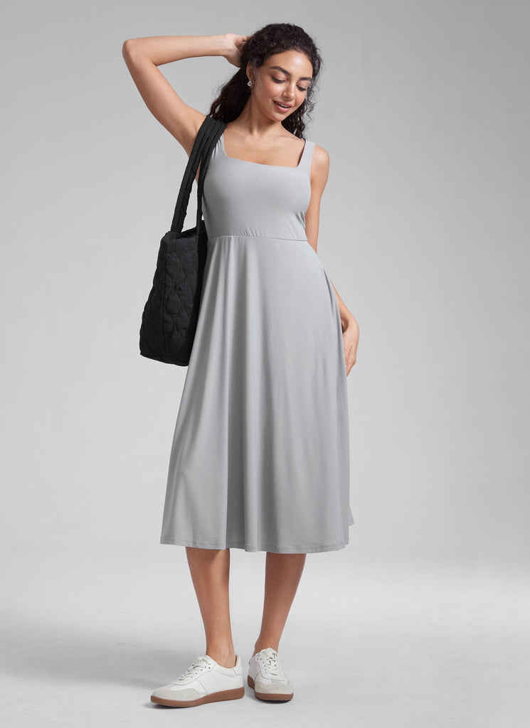 CRZ YOGA Womens Clouldweight Square Neck Pocket Sleeveless Midi Dress Silver Gray