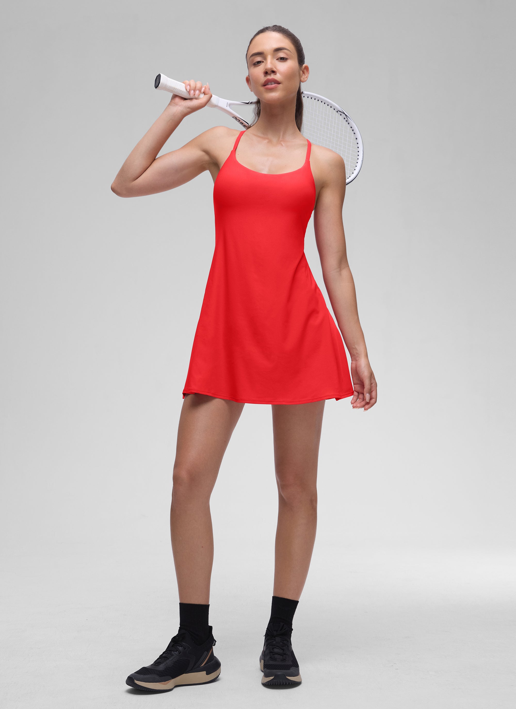 CRZ YOGA Women's Drapey Spaghetti Straps Tennis Built-in Bra Dress Deep Red