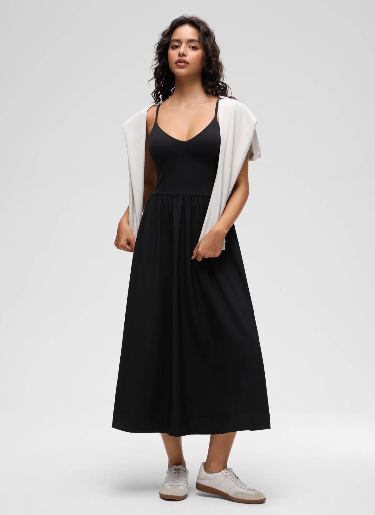 CRZ YOGA Women's Casual V Neck Built in Bra Long Dress Black