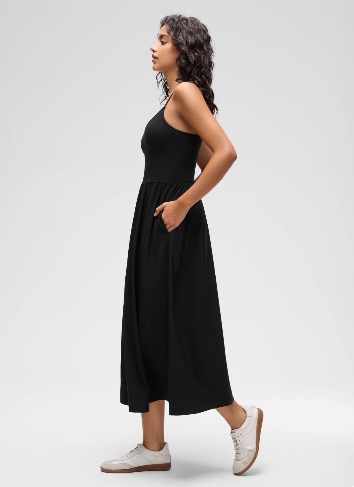 CRZ YOGA Women's Casual V Neck Built in Bra Long Dress Black