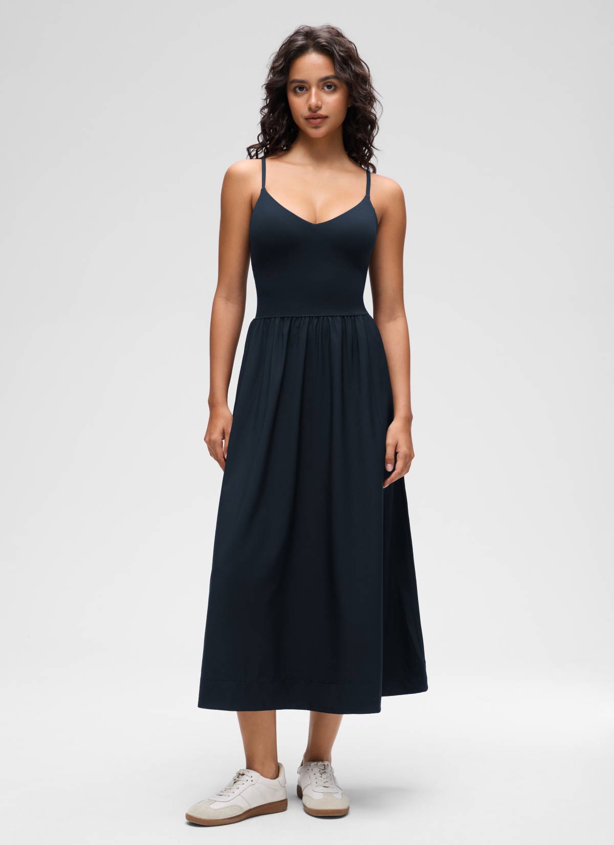 CRZ YOGA Women's Casual V Neck Built in Bra Long Dress True Navy