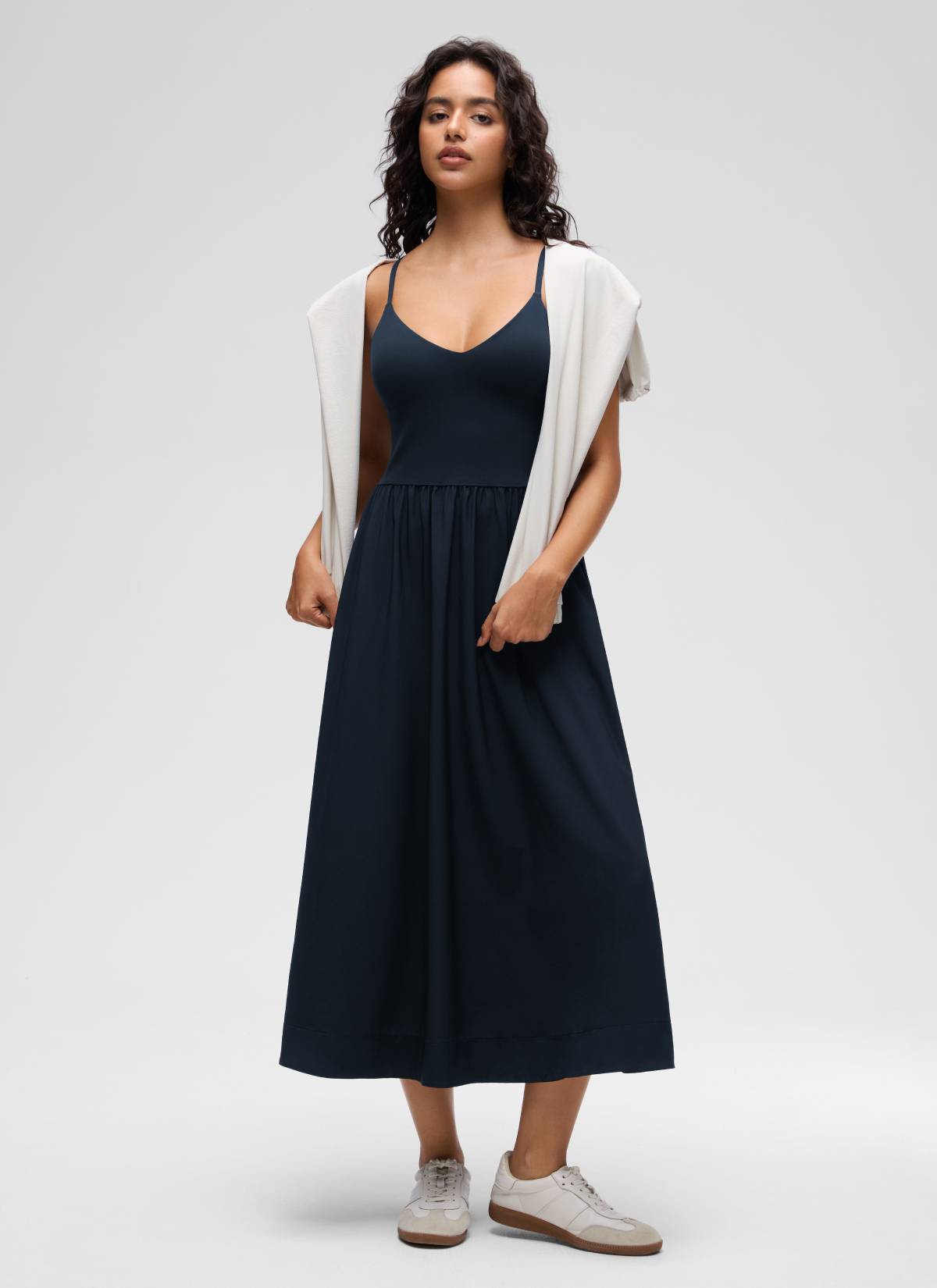 CRZ YOGA Women's Casual V Neck Built in Bra Long Dress True Navy