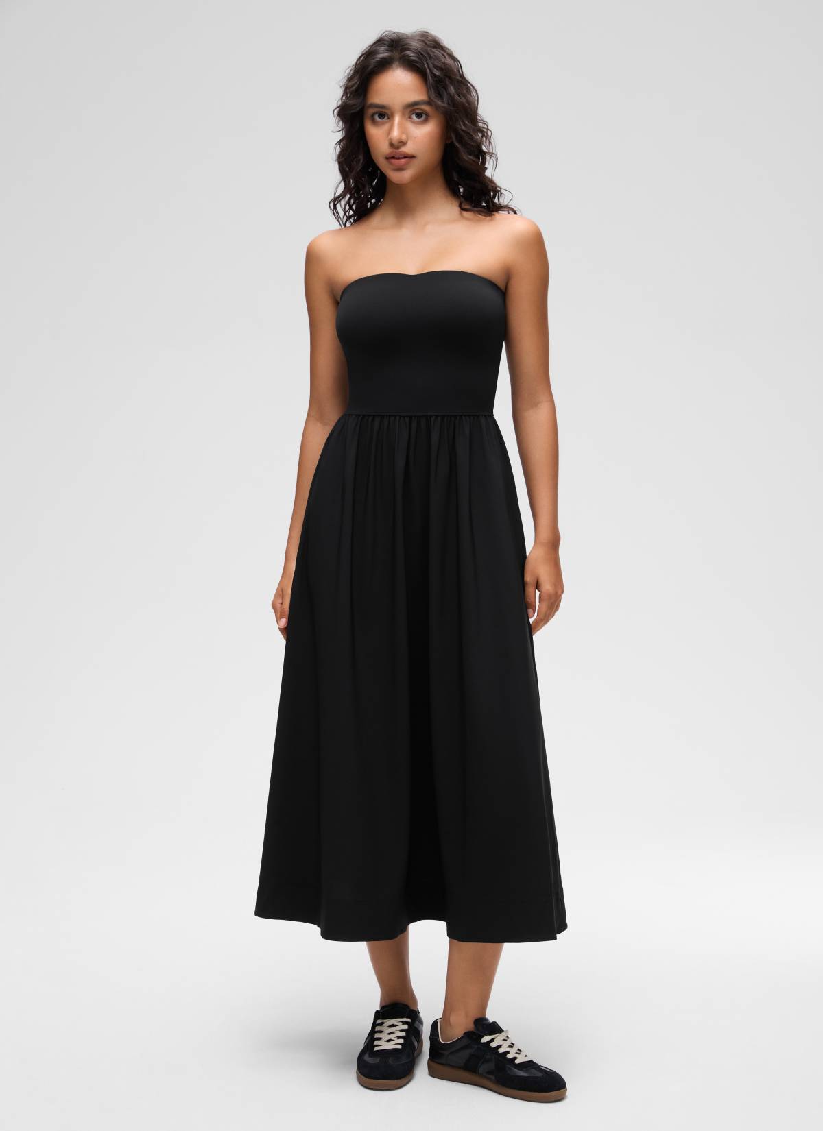 CRZ YOGA Women's Dual-fabric Casual Strapless Built in Bra Long Dress Black