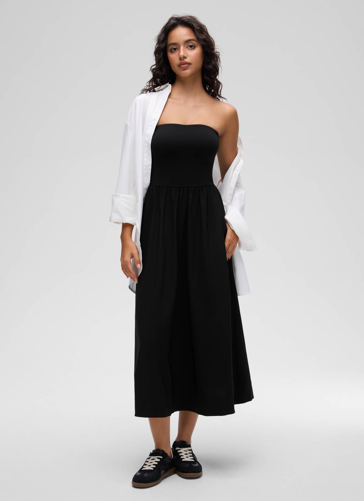 CRZ YOGA Women's Dual-fabric Casual Strapless Built in Bra Long Dress Black