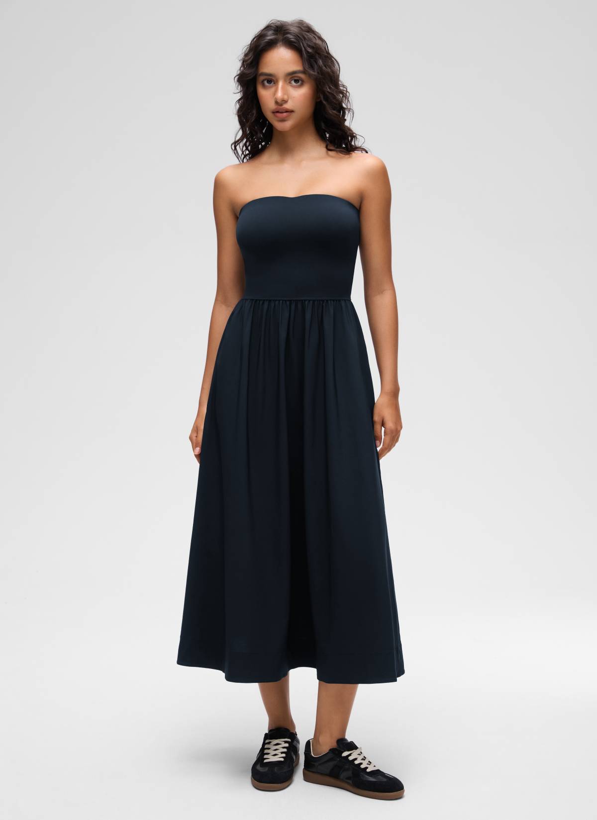 CRZ YOGA Women's Dual-fabric Casual Strapless Built in Bra Long Dress True Navy