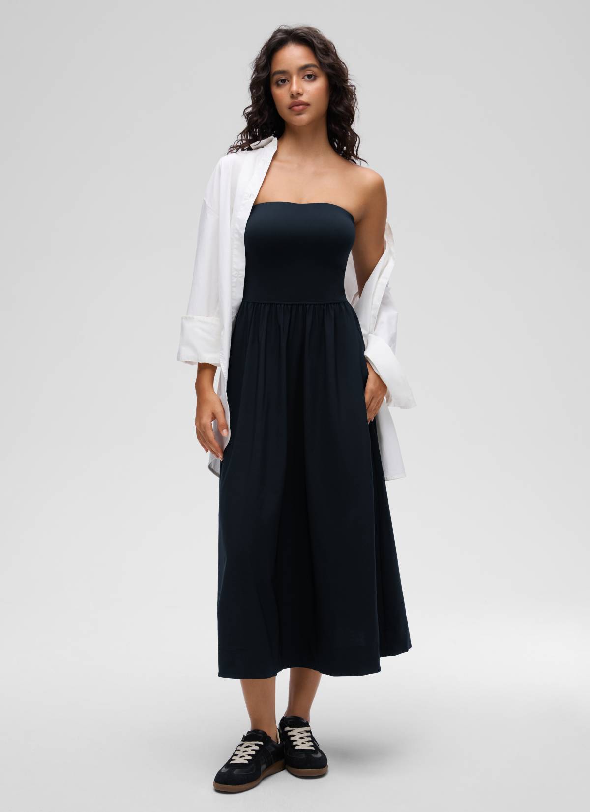 CRZ YOGA Women's Dual-fabric Casual Strapless Built in Bra Long Dress True Navy