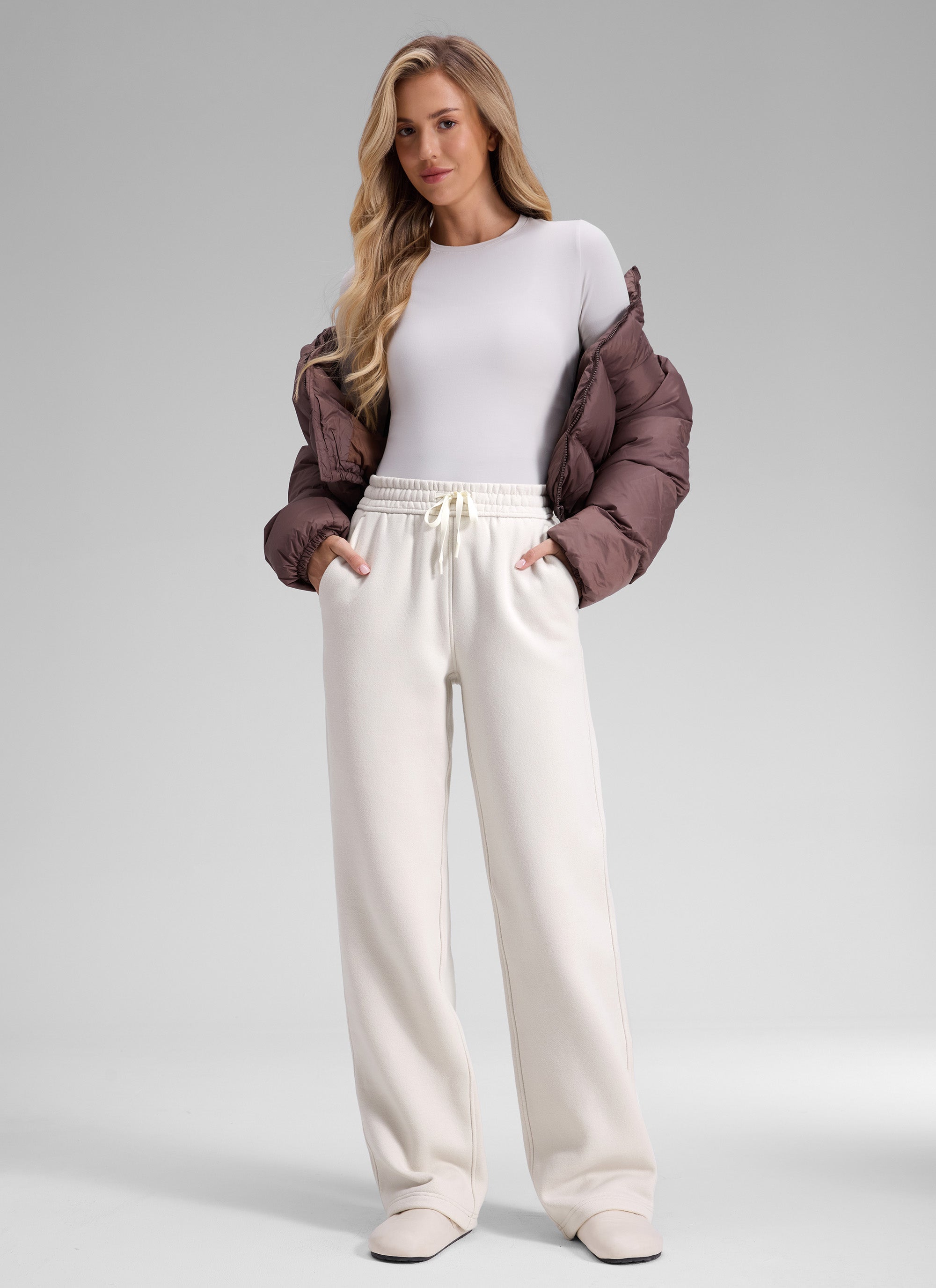 CRZ YOGA Women's Cotton Fleece Lined Casual Straight Leg Pant 32'' Milky White