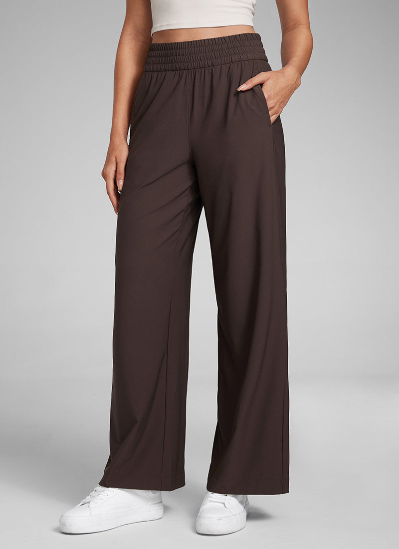 CRZ YOGA Women's Casual High Rise Wide Leg Pants with Pockets 30'' Hot Fudge Brown @model_info:Laura