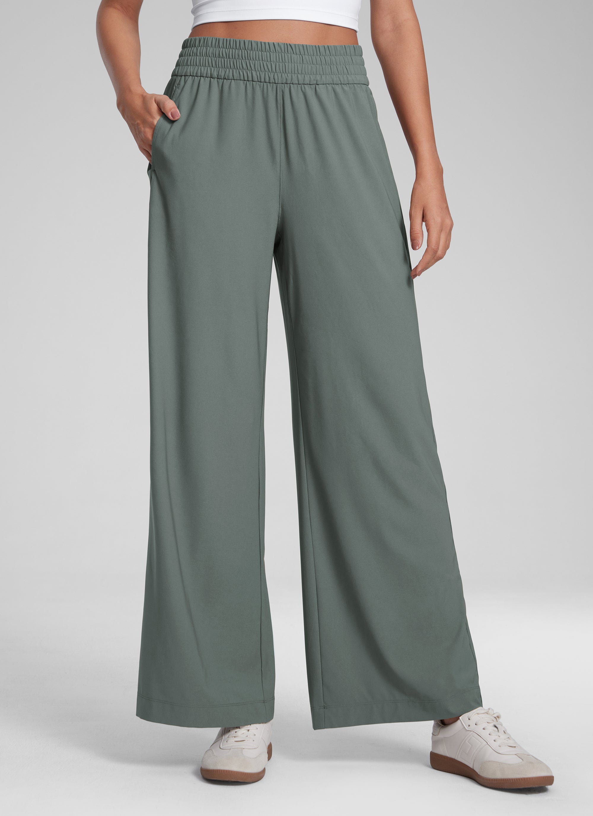 CRZ YOGA Women's Casual High Rise Wide Leg Pants with Pockets 30'' Grey Sage @model_info:Jenna
