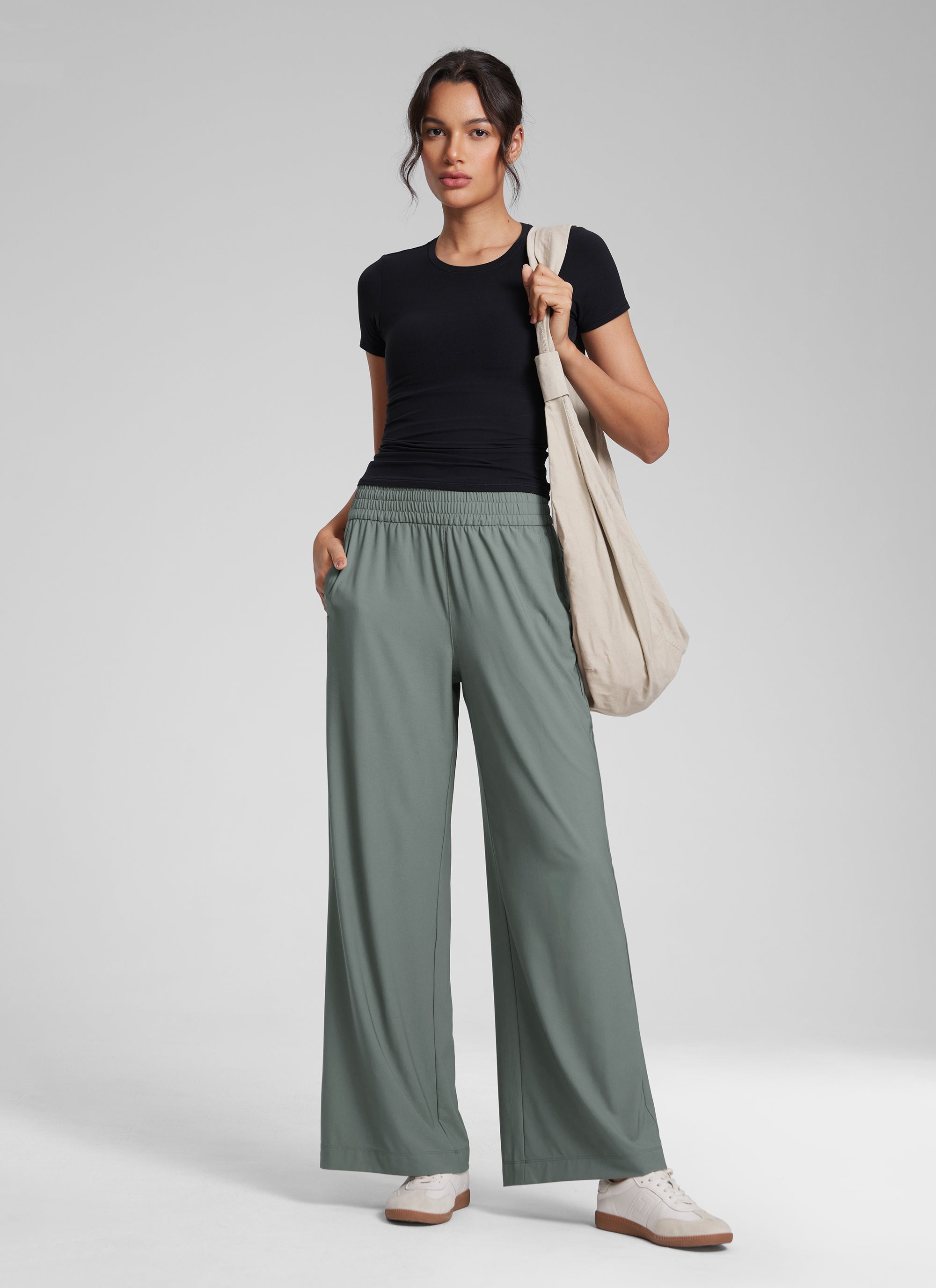 CRZ YOGA Women's Casual High Rise Wide Leg Pants with Pockets 30'' Grey Sage @model_info:Jenna