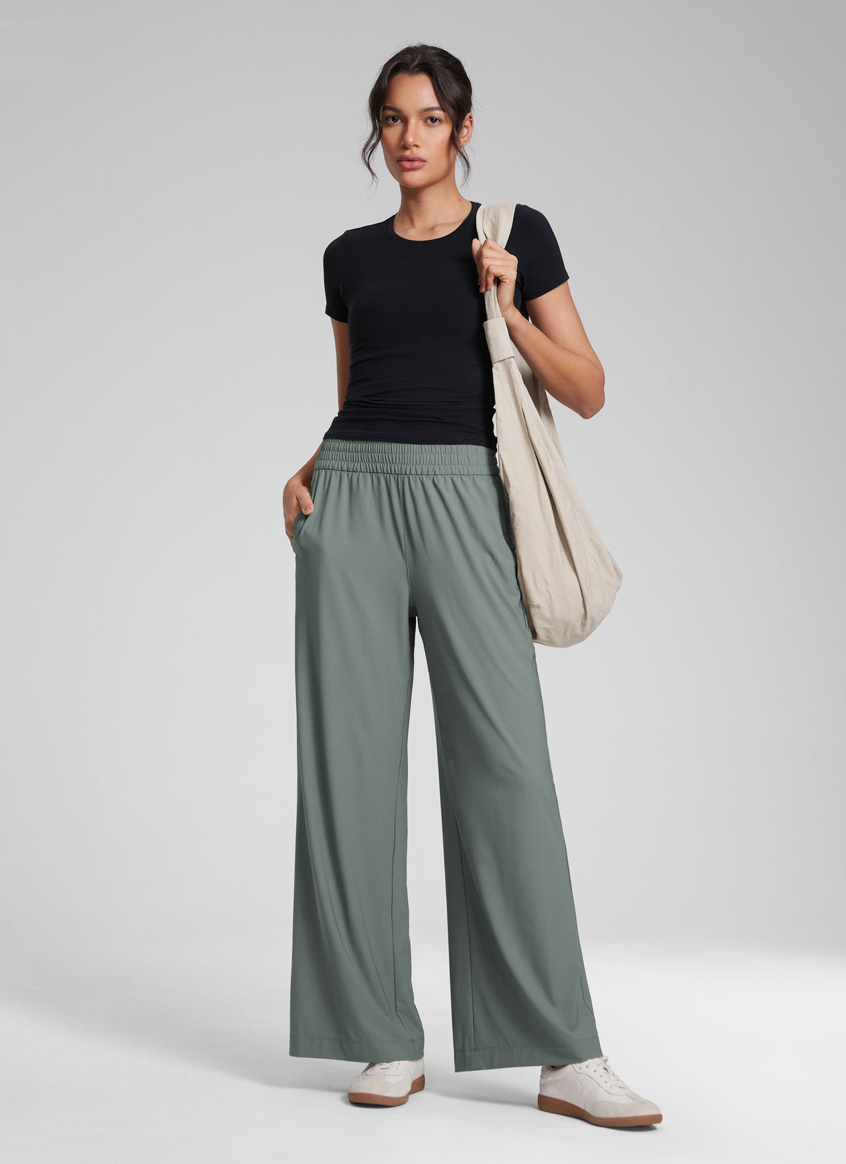CRZ YOGA Women's Casual High Rise Wide Leg Pants with Pockets 30'' Grey Sage @model_info:Jenna