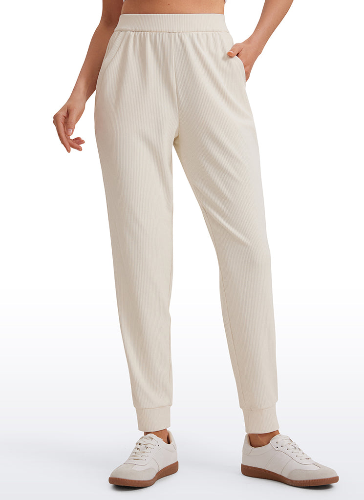 CRZ YOGA Women Comfy Ribbed Pockets High Waisted Sweatpants White Apricot
