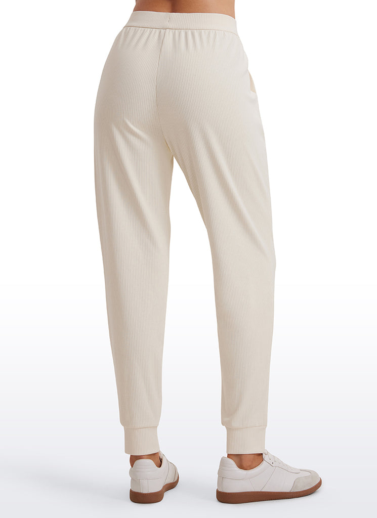 CRZ YOGA Women Comfy Ribbed Pockets High Waisted Sweatpants White Apricot