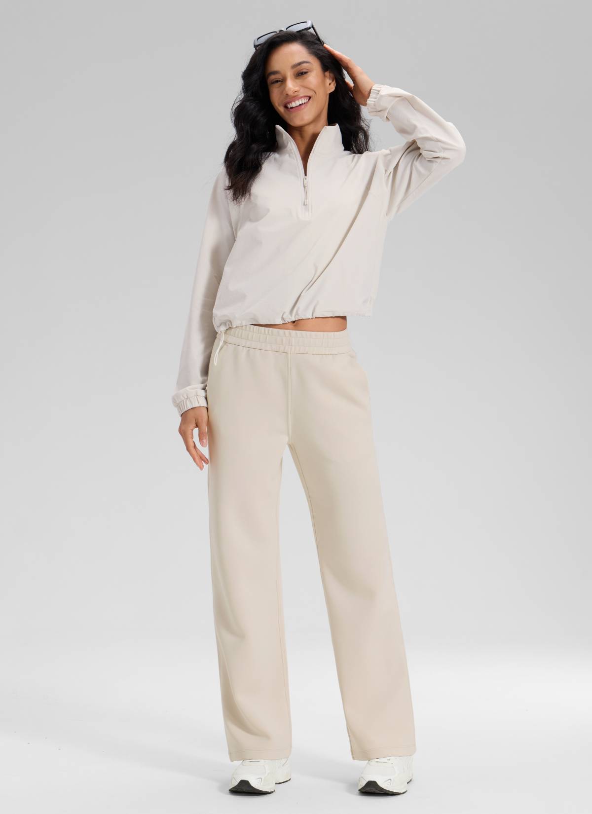 CRZ YOGA Women's SoftAura High Rise Wide Leg Pants with Pockets 31'' Mojave Tan @model_info:Larissa