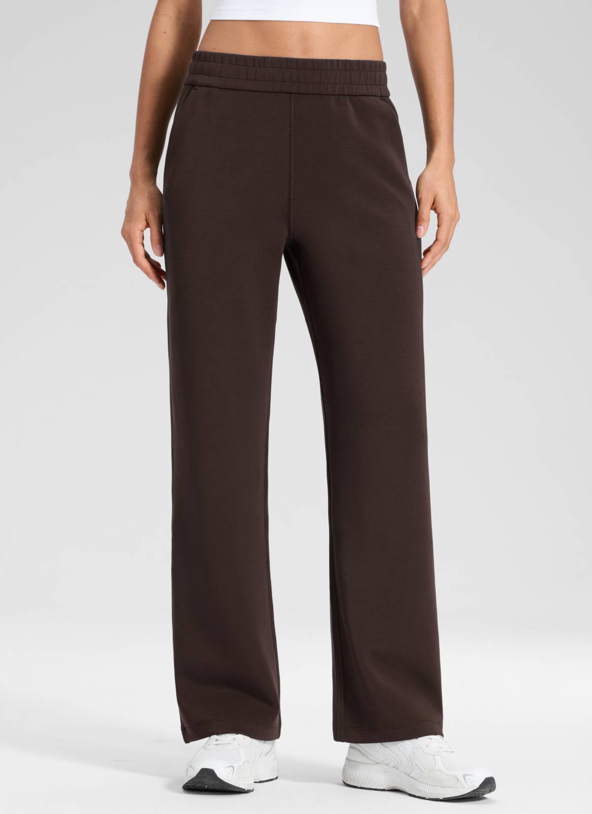 CRZ YOGA Women's SoftAura High Rise Wide Leg Pants with Pockets 31'' Hot Fudge Brown @model_info:Larissa