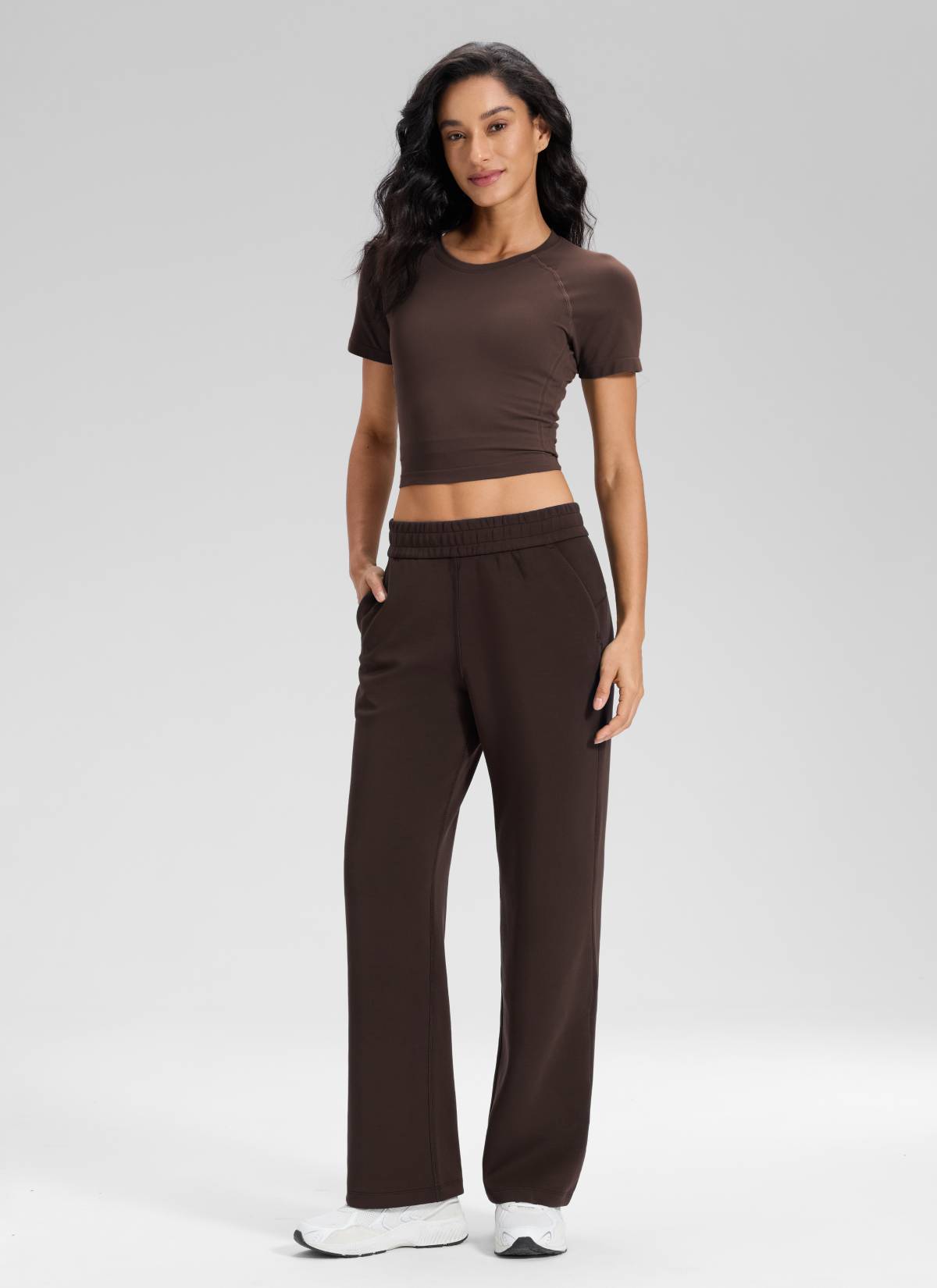 CRZ YOGA Women's SoftAura High Rise Wide Leg Pants with Pockets 31'' Hot Fudge Brown @model_info:Larissa