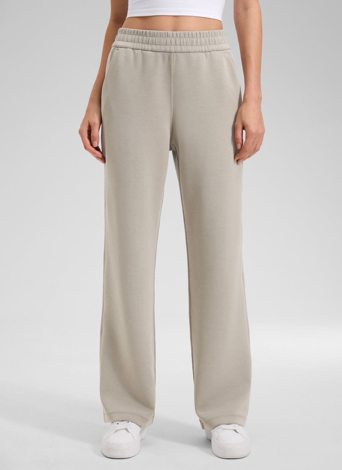 CRZ YOGA Women's SoftAura High Rise Wide Leg Pants with Pockets 31'' Stone @model_info:Kerr