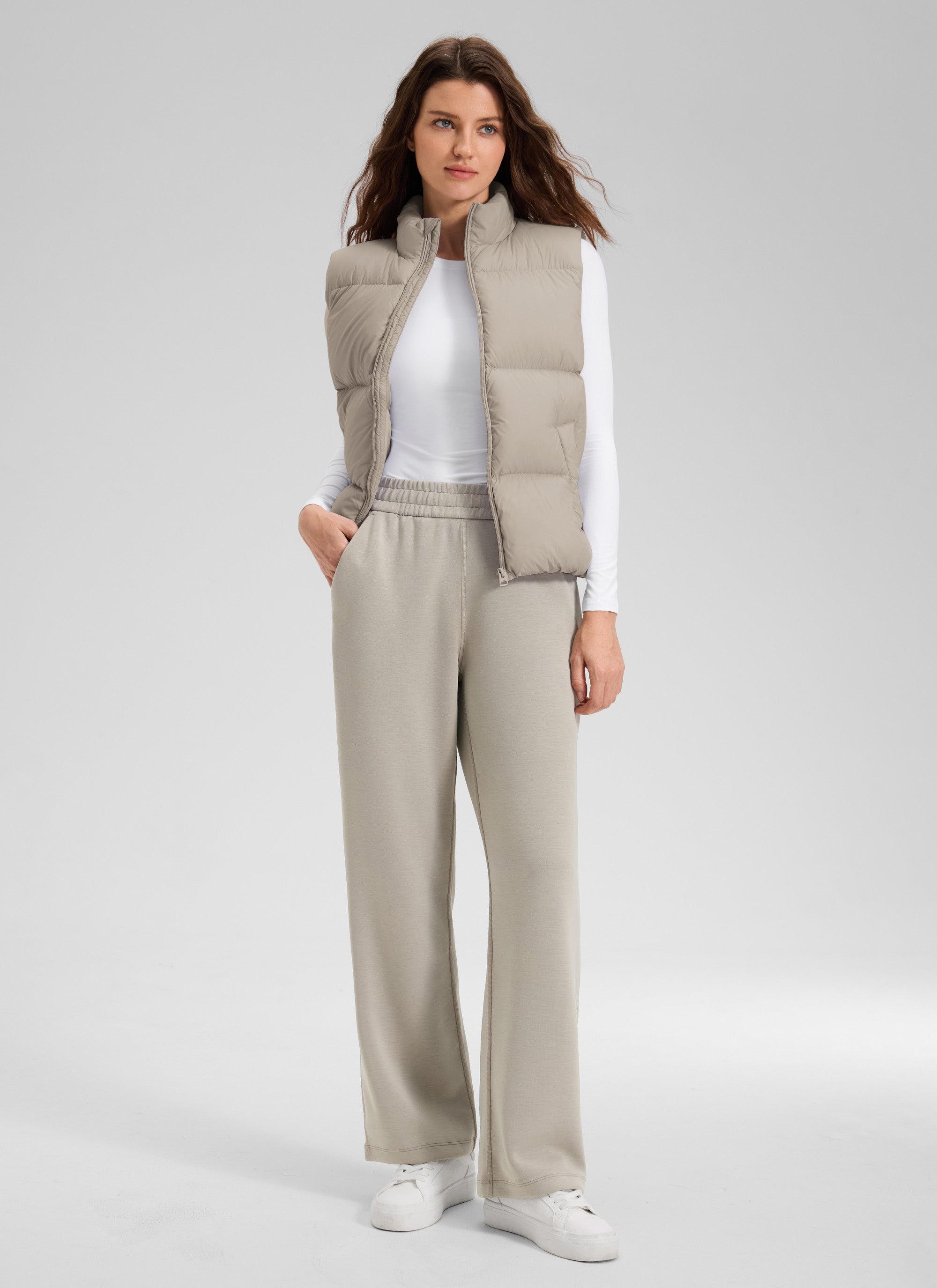 CRZ YOGA Women's SoftAura High Rise Wide Leg Pants with Pockets 31'' Stone @model_info:Kerr