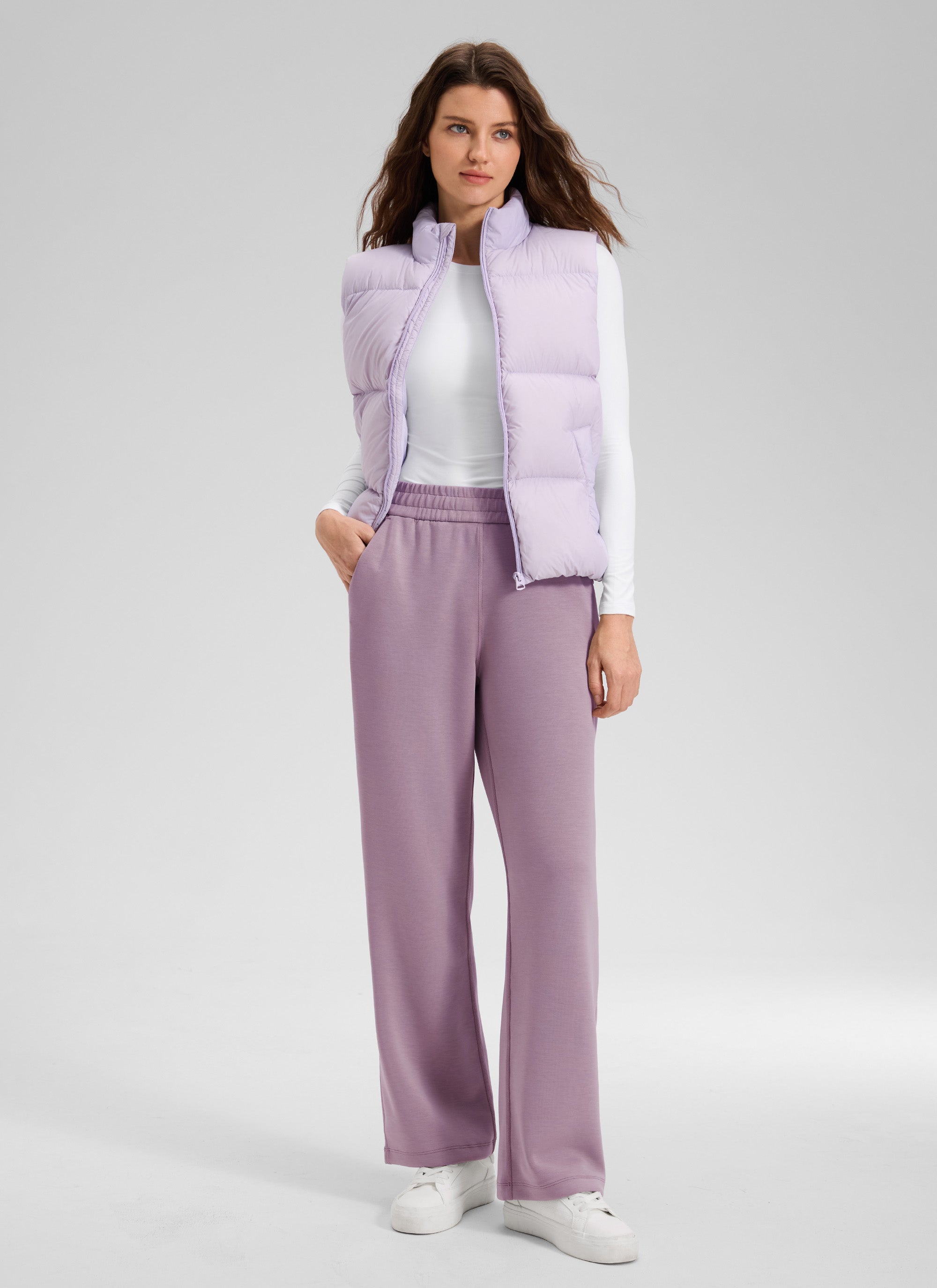CRZ YOGA Women's SoftAura High Rise Wide Leg Pants with Pockets 31'' Light Lavender @model_info:Kerr