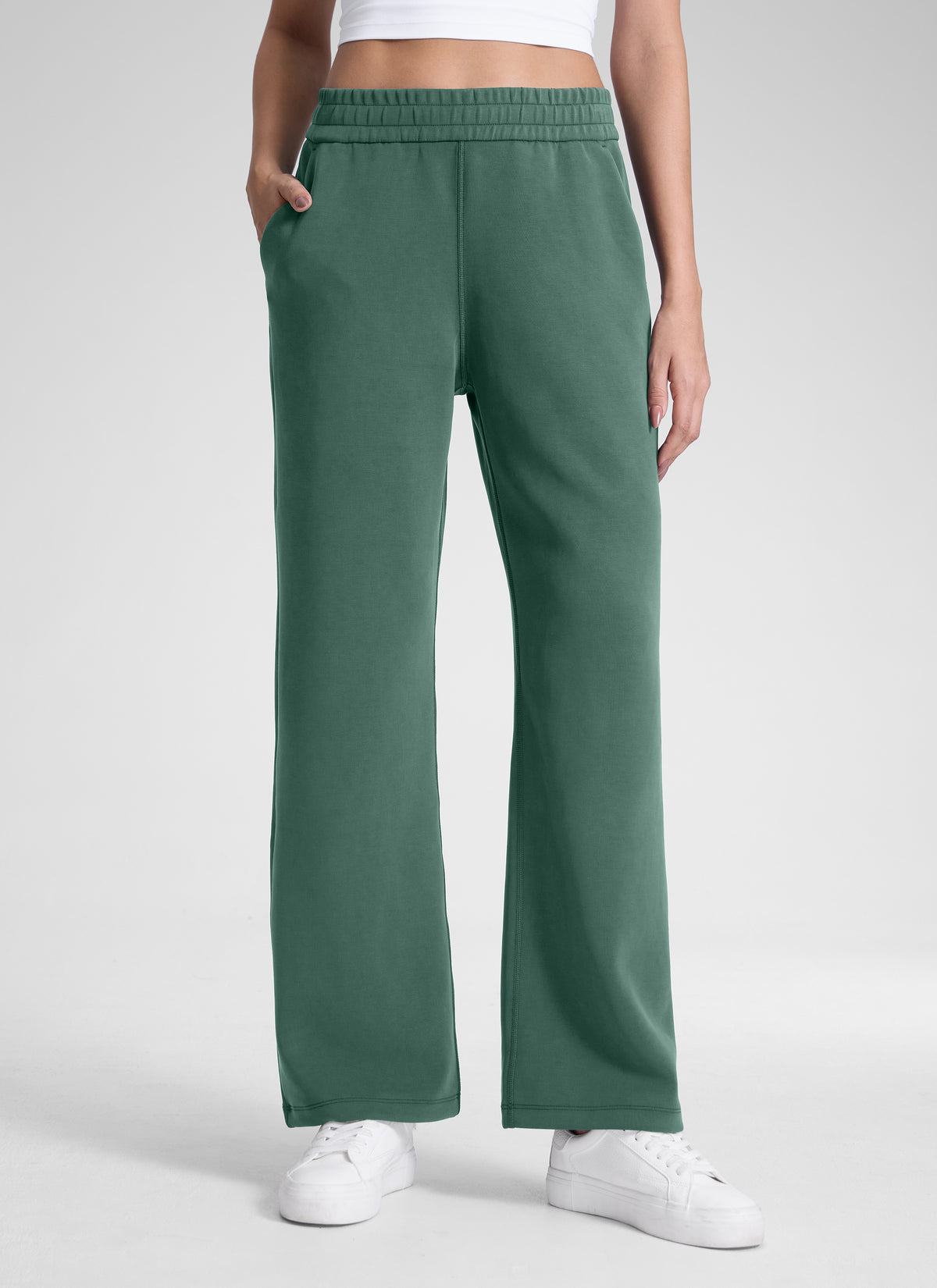 CRZ YOGA Women's SoftAura High Rise Wide Leg Pants with Pockets 31'' Dark Forest Green @model_info:J