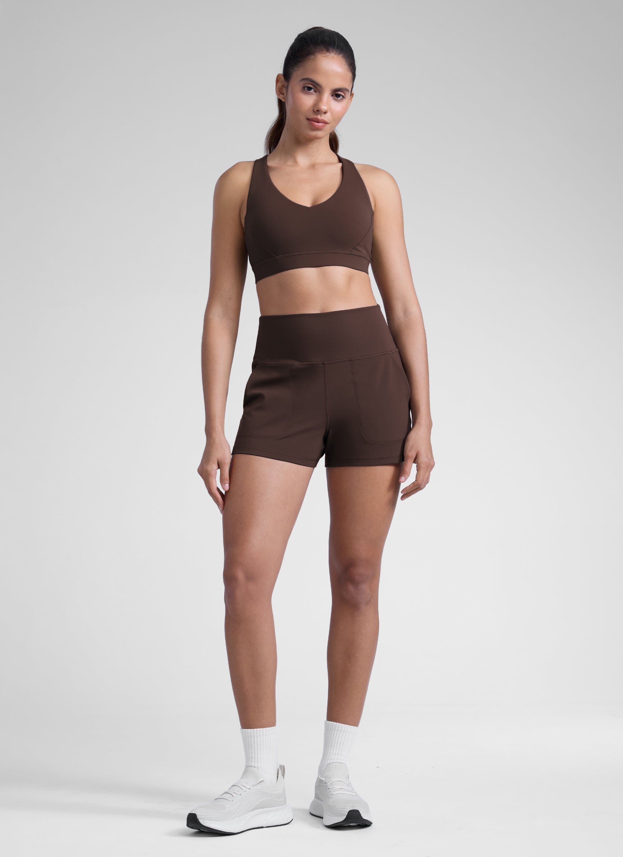CRZ YOGA Women Butterlift High Waisted Shorts with Pockets Linerless Hot Fudge Brown