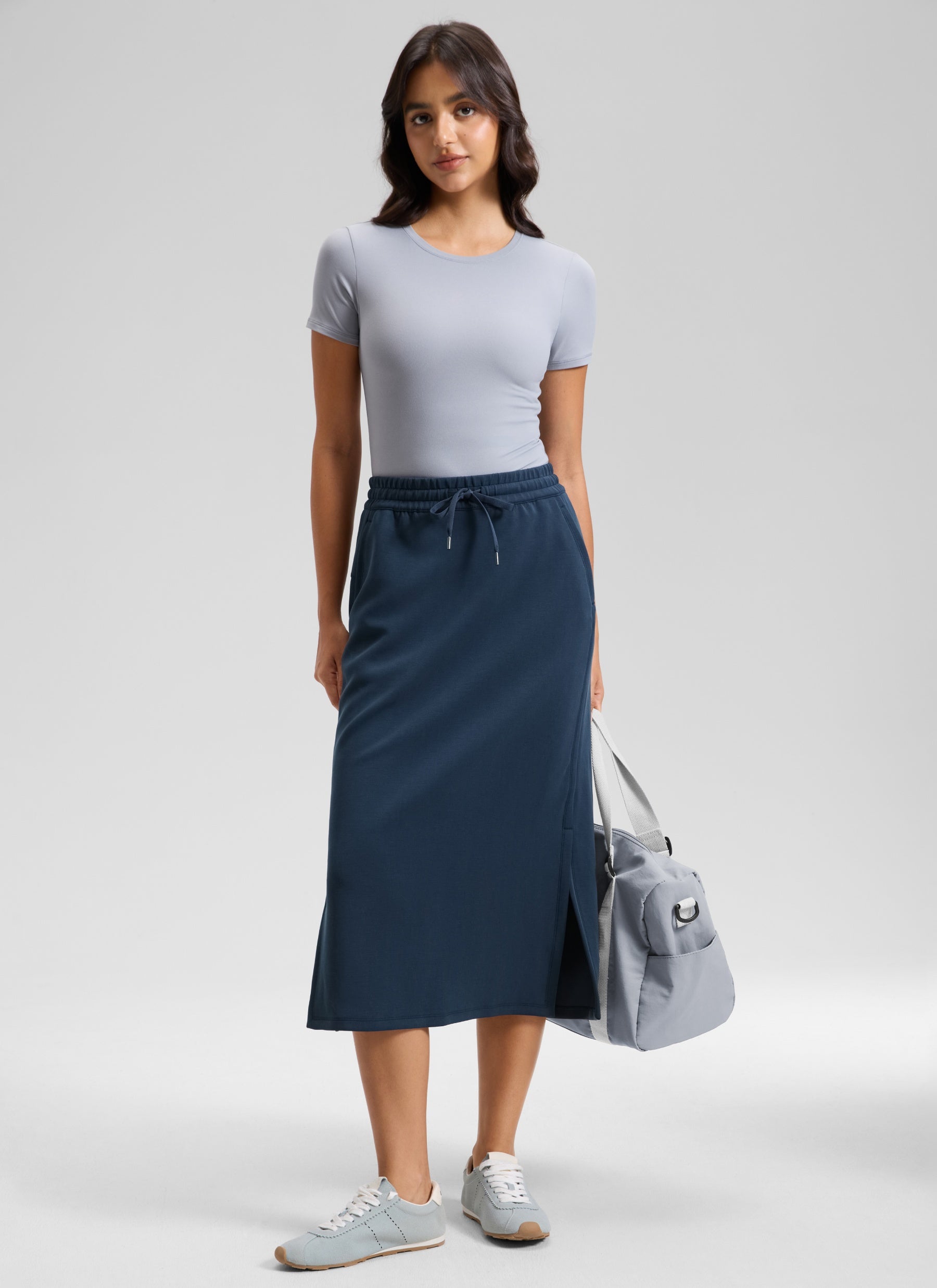 CRZ YOGA Women's SoftAura Midi Pencil Skirts High Waisted Drawstring Ink Blue