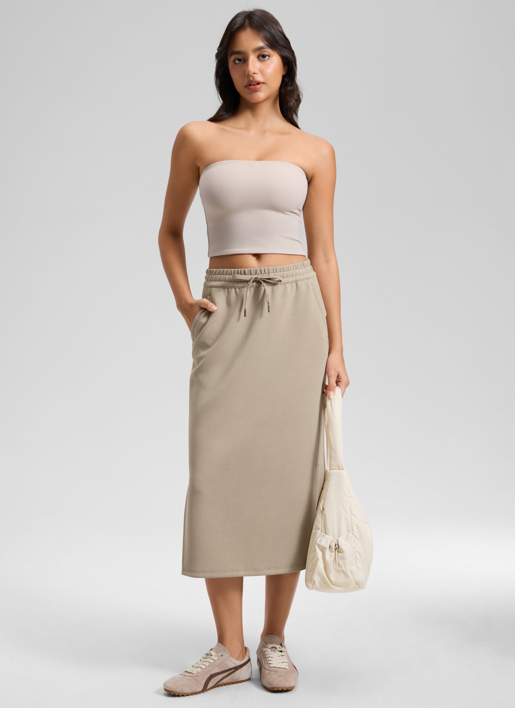 CRZ YOGA Women's SoftAura Midi Pencil Skirts High Waisted Drawstring Oak @model_info:L