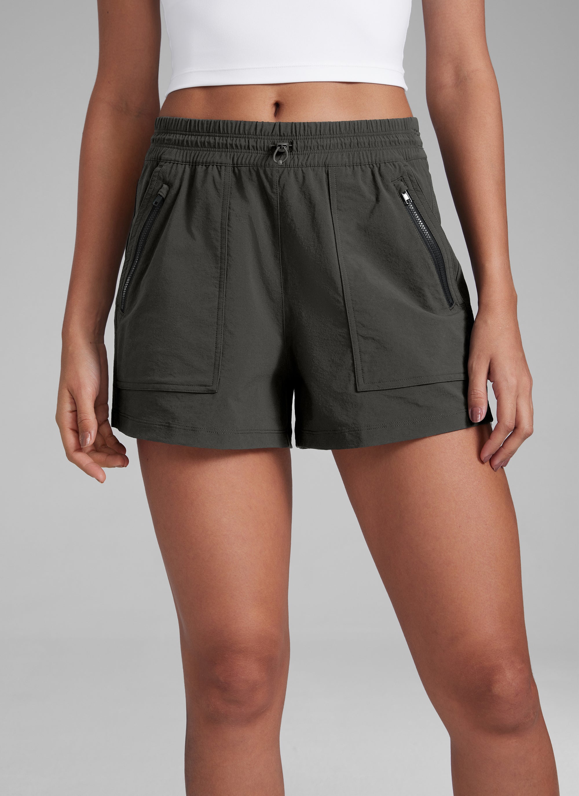 CRZYOGA Women's Lightweight Stretch Water-Repellent Hiking Pocket Short 3'' Arbor Olive