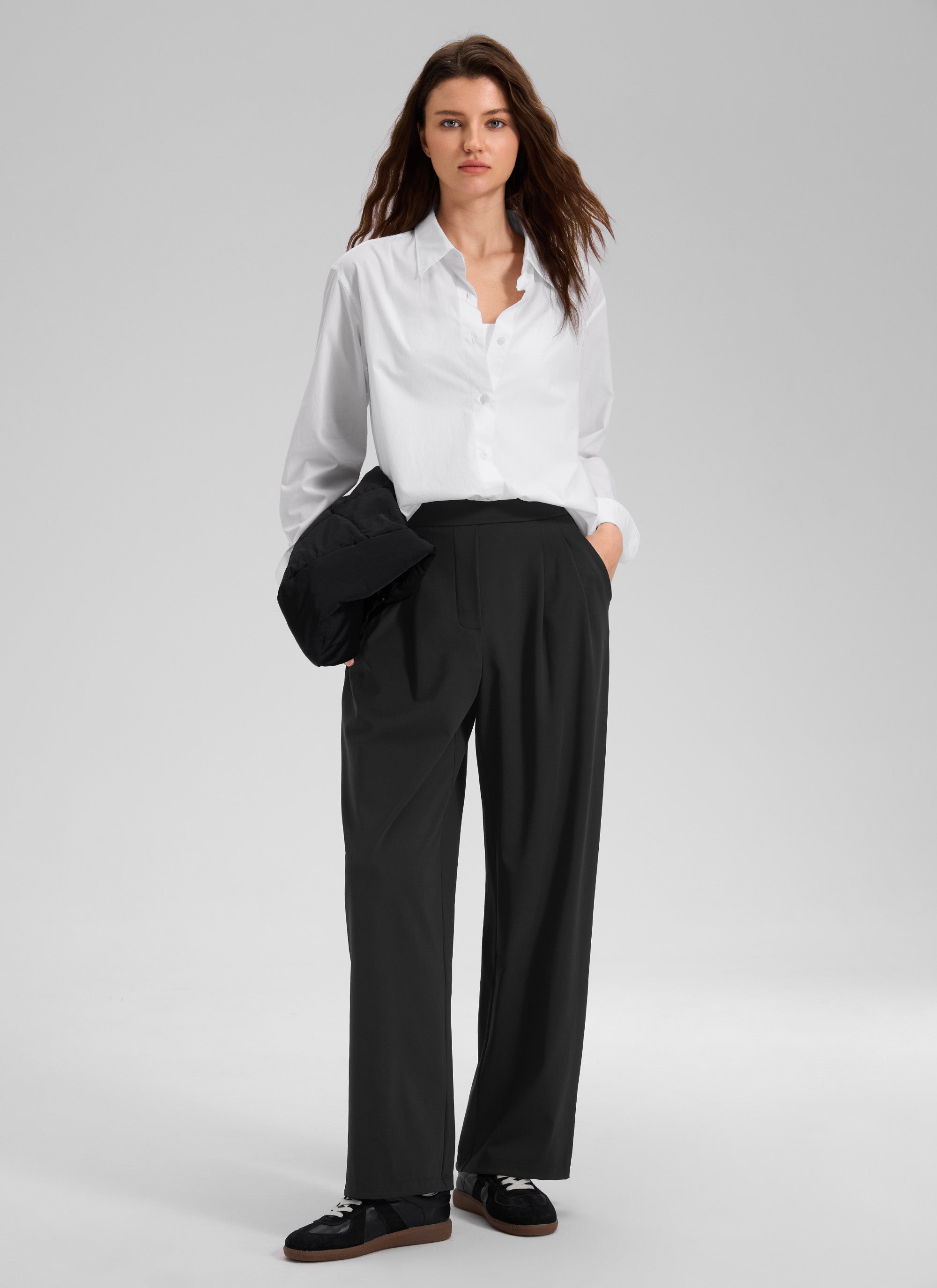 CRZ YOGA Women's Business High Rise Drawstring Pocket Wide Leg Pant Black