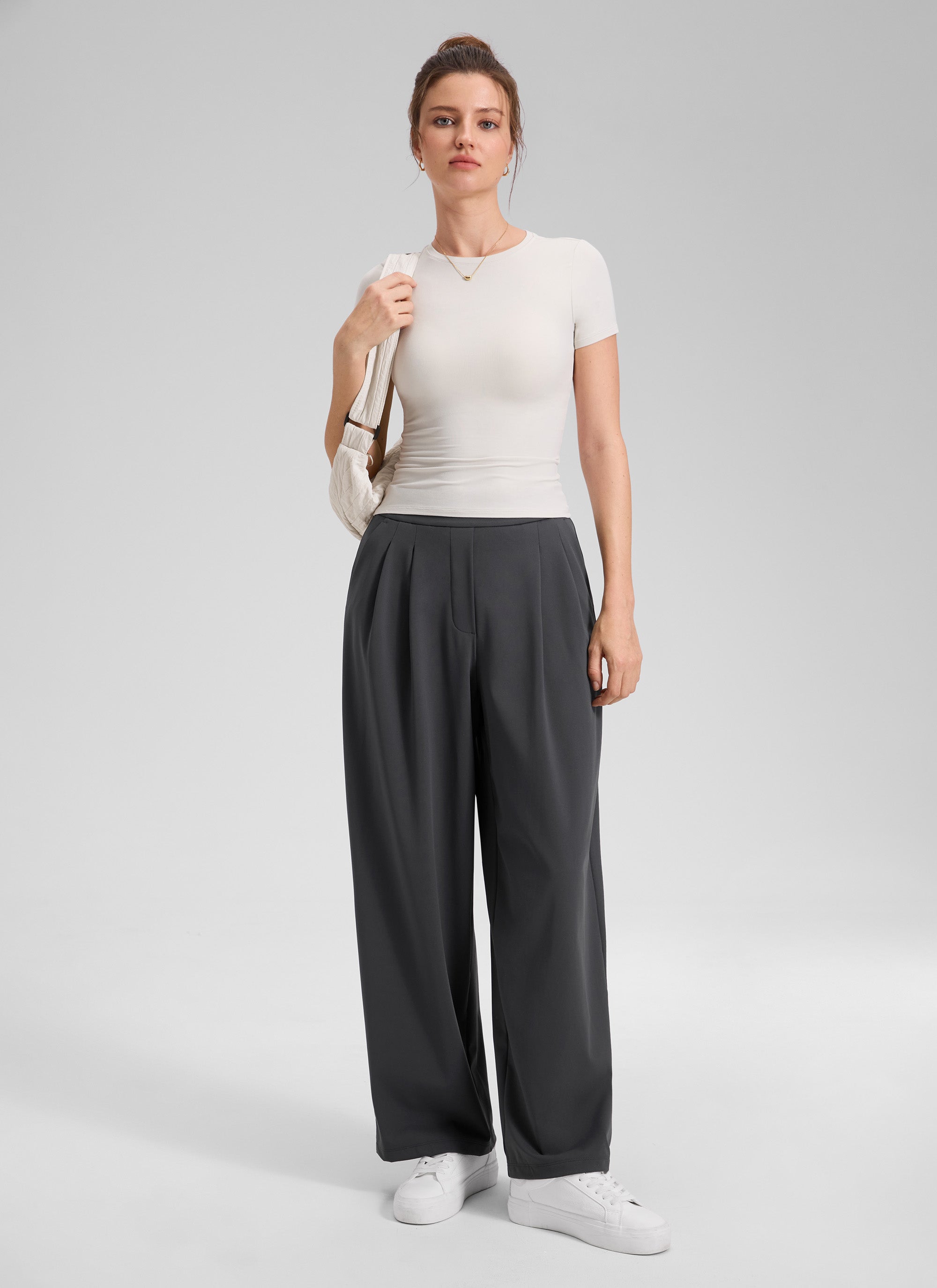 CRZ YOGA Women's Business High Rise Drawstring Pocket Wide Leg Pant Ink Gray