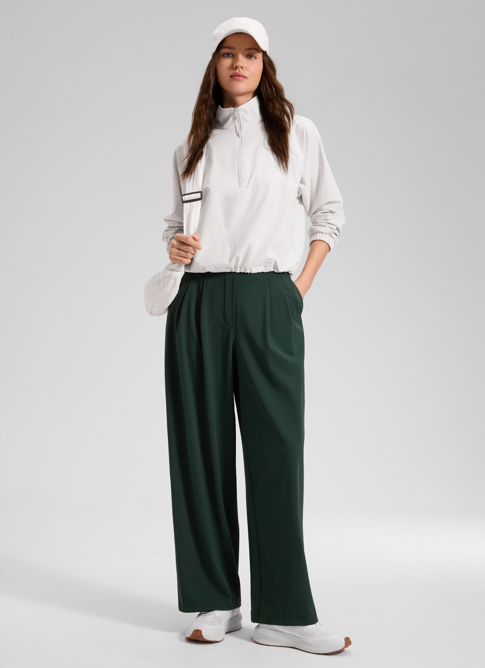 CRZ YOGA Women's Business High Rise Drawstring Pocket Wide Leg Pant Legend Green