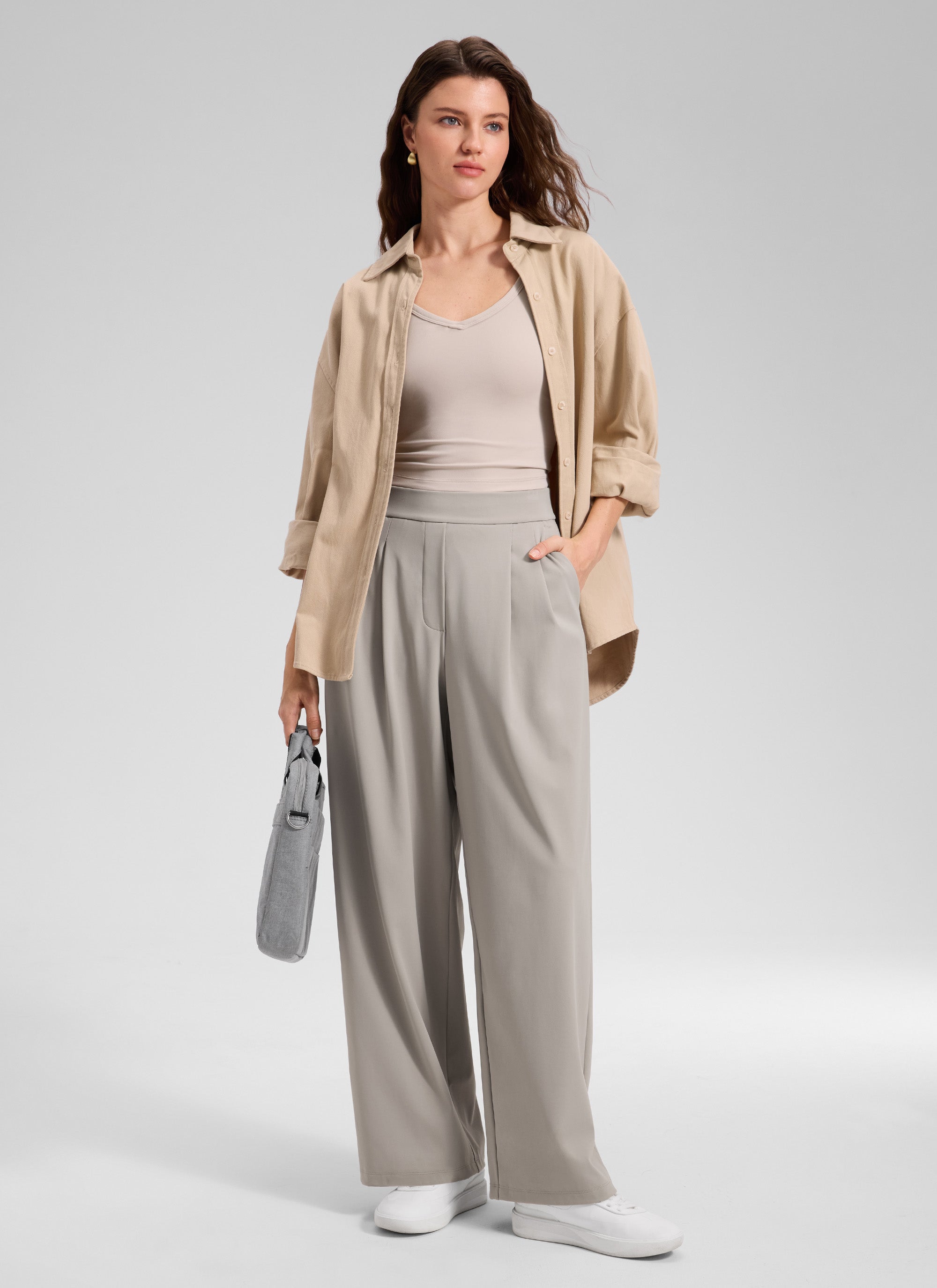 CRZ YOGA Women's Business High Rise Drawstring Pocket Wide Leg Pant Stone