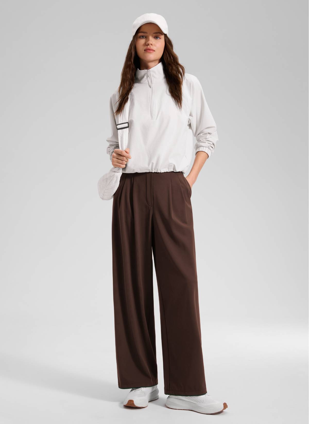 CRZ YOGA Women's Business High Rise Drawstring Pocket Wide Leg Pant Lava Brown @model_info:Anano