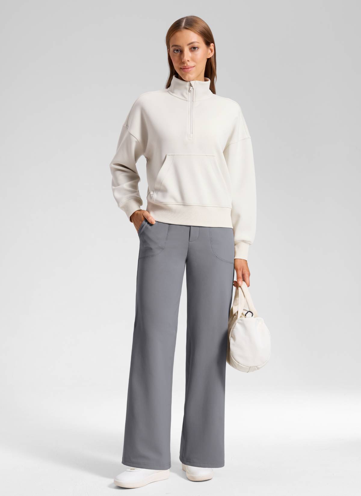 CRZ YOGA Women's Work High Rise Pocket Wide Leg Faux Fly Pant 30