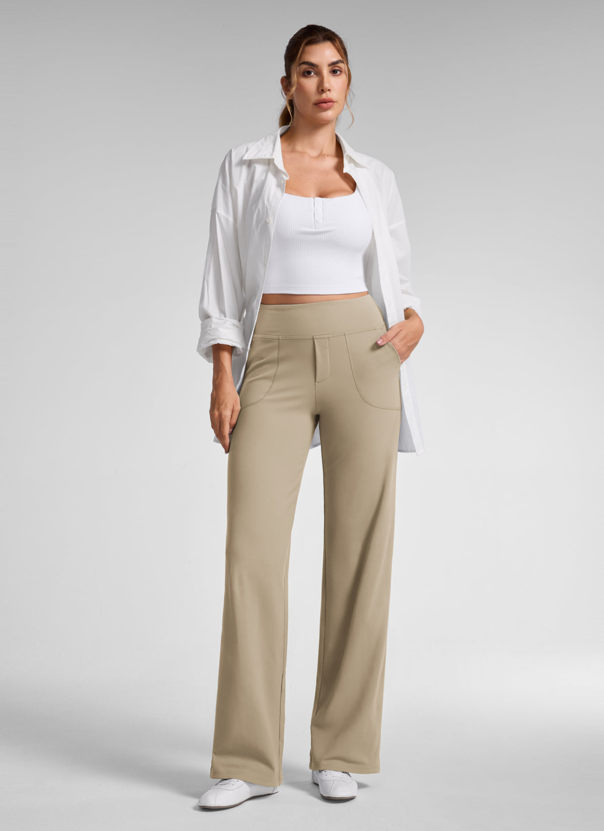 CRZ YOGA Women's Work High Rise Pocket Wide Leg Faux Fly Pant 30