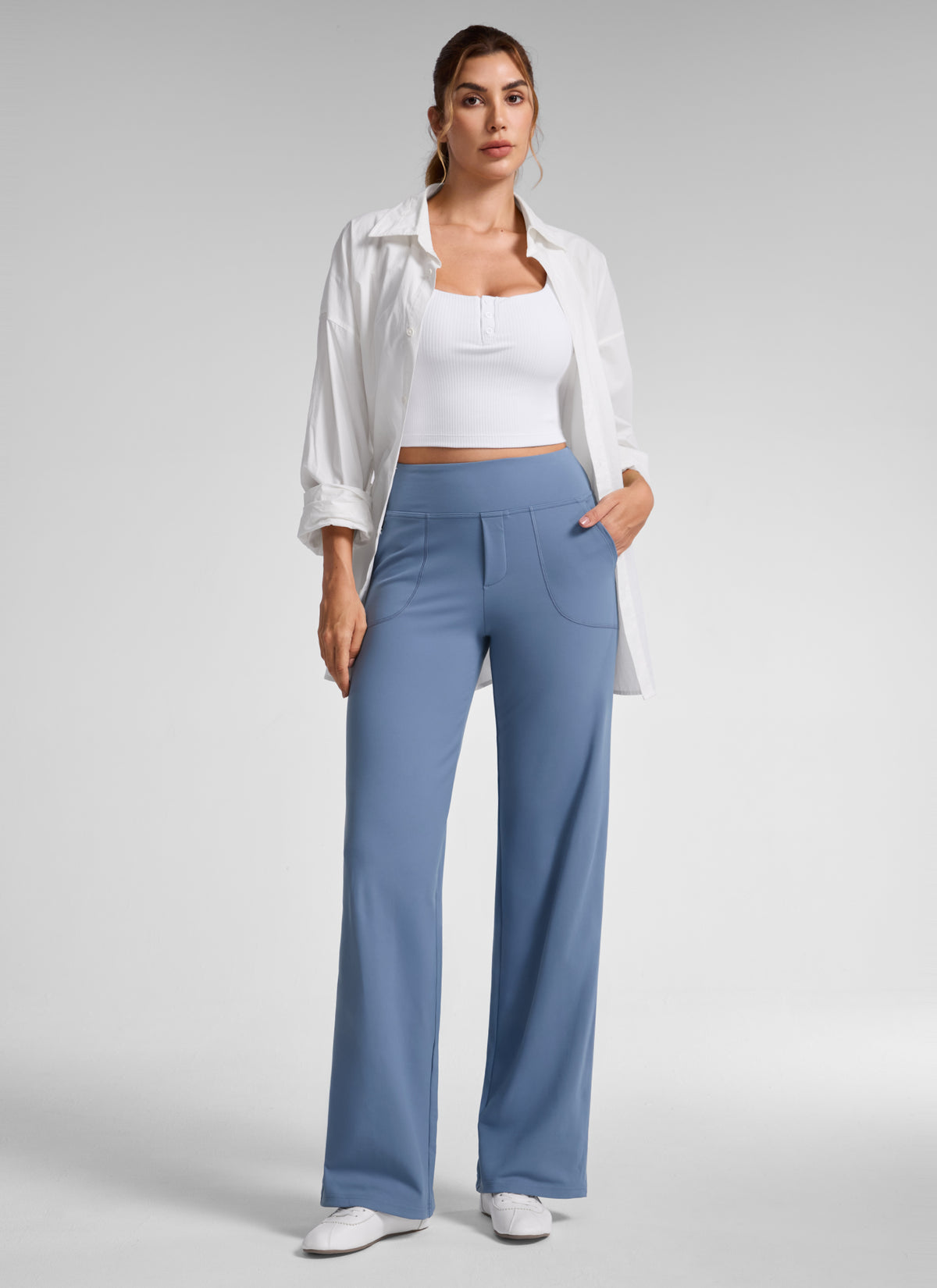 CRZ YOGA Women's Work High Rise Pocket Wide Leg Faux Fly Pant 30