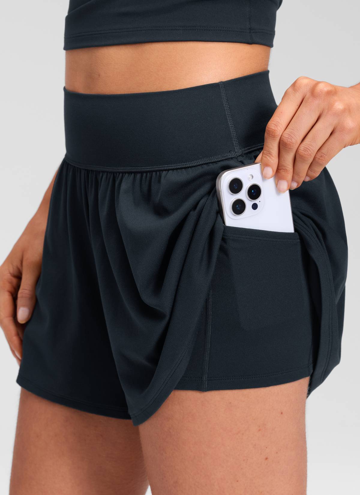 CRZ YOGA Women's Softretch Yoga High Rise Pocket Flowy 2 in 1 Shorts True Navy