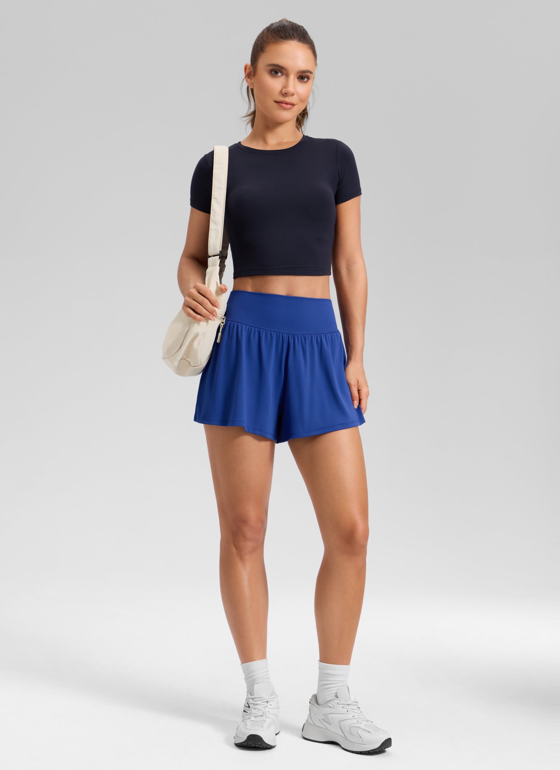 CRZ YOGA Women's Softretch Yoga High Rise Pocket Flowy 2 in 1 Shorts Waves Blue