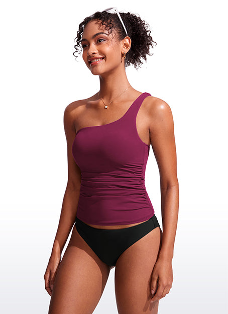 CRZ YOGA women's One Shoulder Tankini Ruched Adjustable Bathing Suits Fuchsia