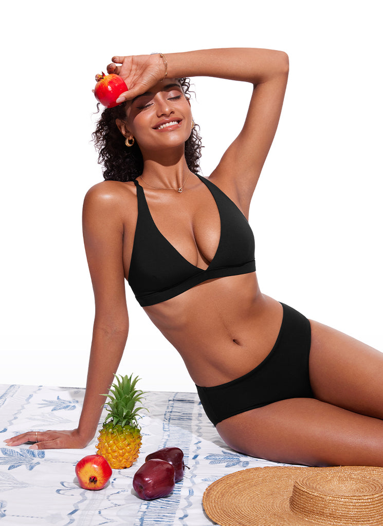 CRZ YOGA Women's Swimwear Sunshine V Neck Bikini Tops Criss Cross Back Black