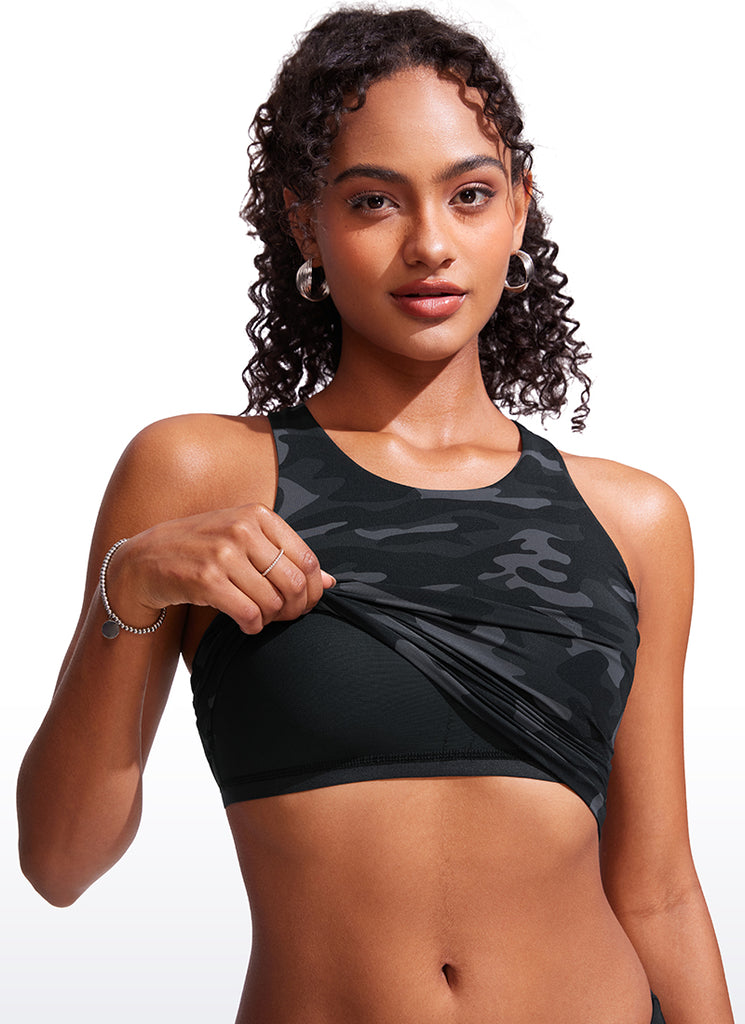CRZ YOGA Women Racerback High Neck Tankini Tops Sporty Tank Jungle Camouflage Gray
