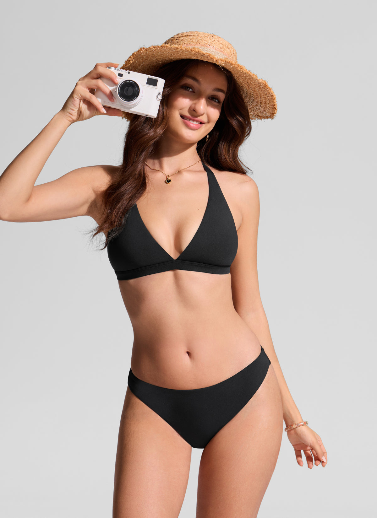 CRZ YOGA Women's Swim Deep V neck T back Triangle Bikini Top Black @model_info:Inga