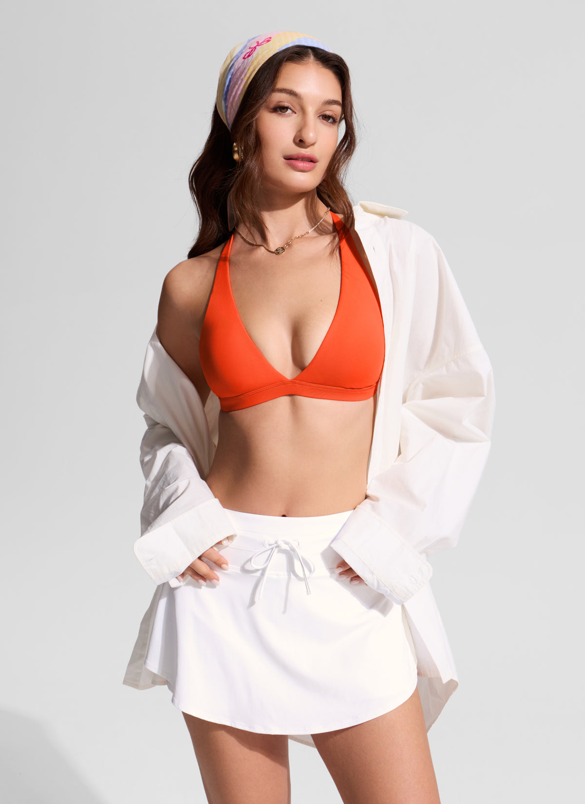 CRZ YOGA Women's Swim Deep V neck T back Triangle Bikini Top Honey Orange @model_info:Inga