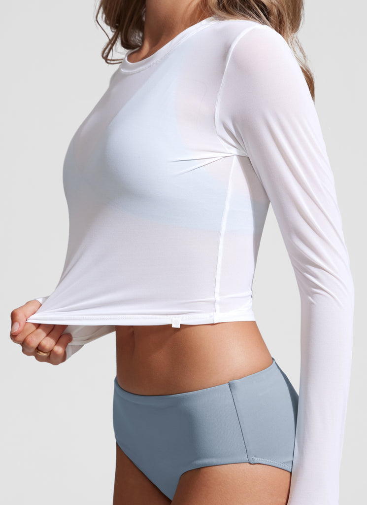 CRZ YOGA Women's Mesh Long Sleeve Swimsuit Cover up Bathing Suit Tops Sapphire Blue