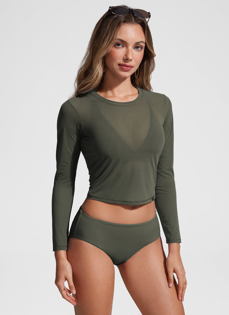 CRZ YOGA Women's Mesh Long Sleeve Swimsuit Cover up Bathing Suit Tops Dark Olive