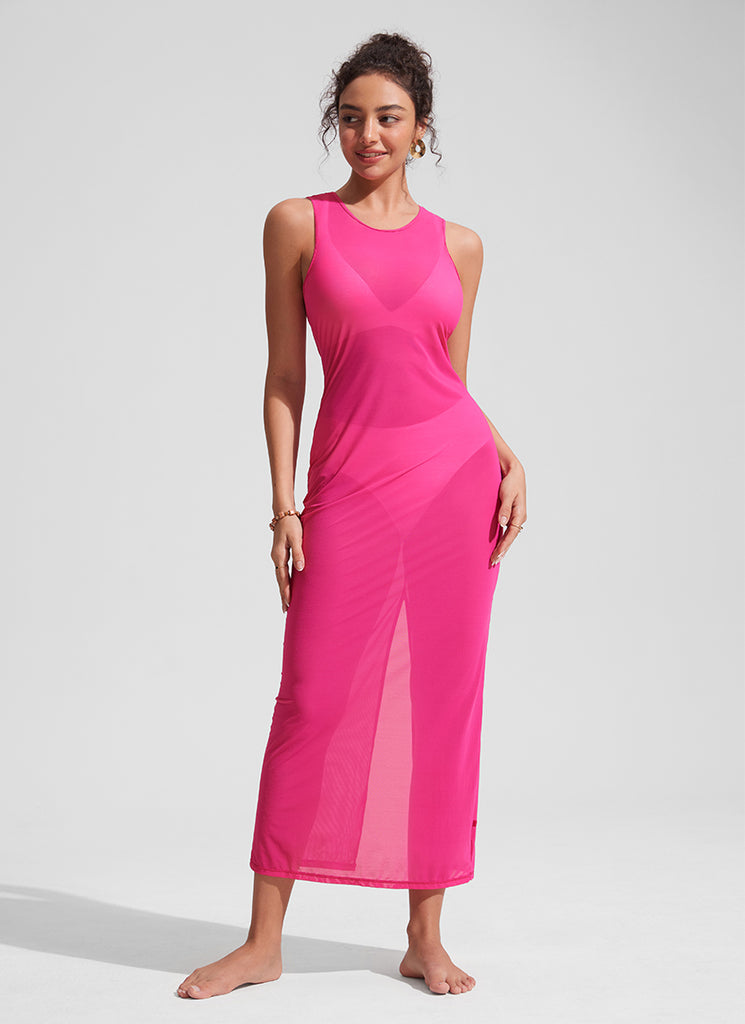 CRZ YOGA Women Mesh Midi Sleeveless Swimsuit Coverup with Back Slit Kayak Blue