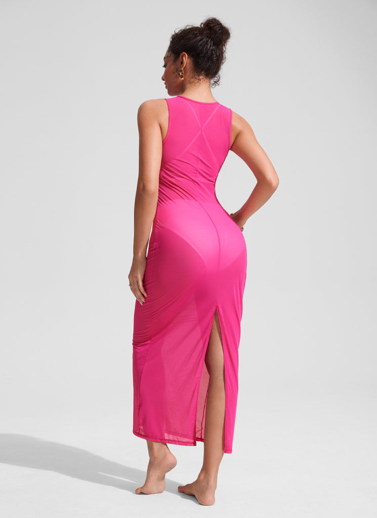 CRZ YOGA Women Mesh Midi Sleeveless Swimsuit Coverup with Back Slit Kayak Blue